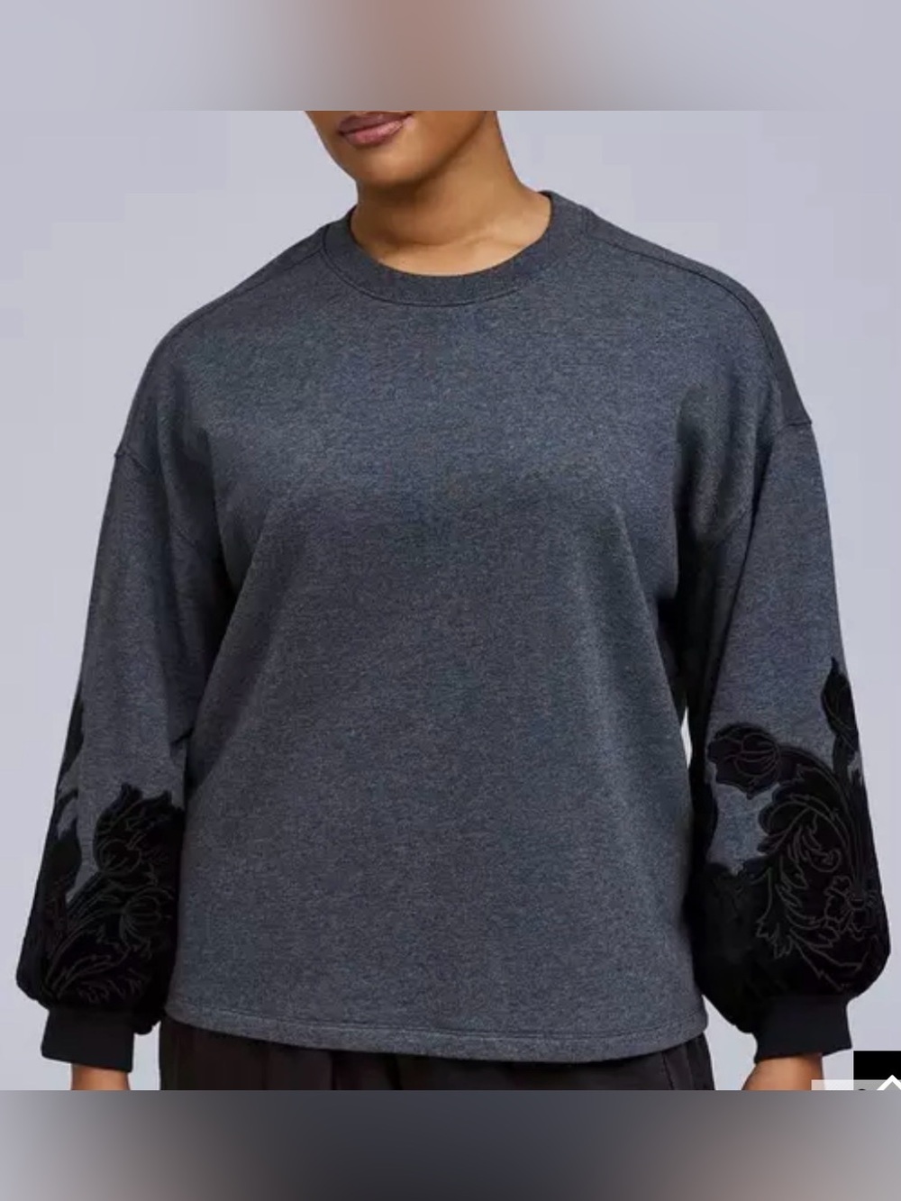 Torrid Belle Isle Charcoal Gray Velvet Embroidered Balloon Sleeve Sweatshirt
